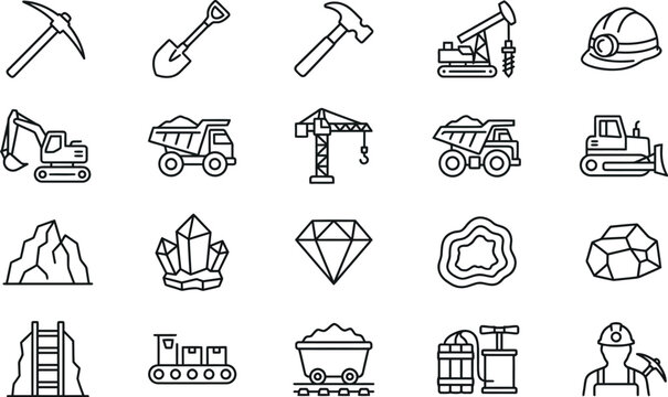 A set of 20 mining and construction vector icons including tools, vehicles, and safety equipment for industrial design