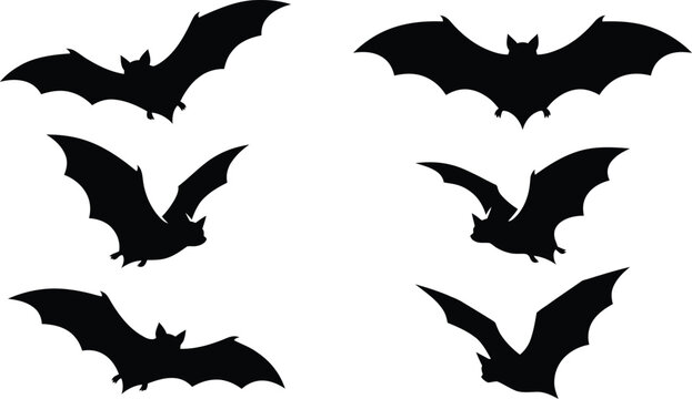 A set of six black bat silhouettes flying in different directions, showcasing various wing positions and angles in a vector graphic illustration.