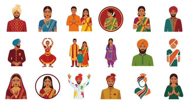 Collection of diverse Indian people in traditional clothing, including couples, families, and individuals, in various poses and settings.