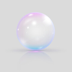 Realistic 3D transparent blue and pink glass ball with glares and shadow reflection, vector volume glossy crystal bubble