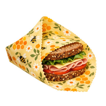 Reusable beeswax food wrap with bee and flower pattern folded around a fresh ham and cheese sandwich, sustainable zero-waste kitchen storage solution isolated on transparent background.