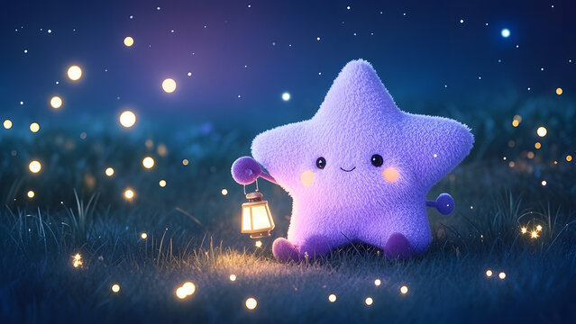 Cute purple star plush holding lantern on grass at night with glowing lights