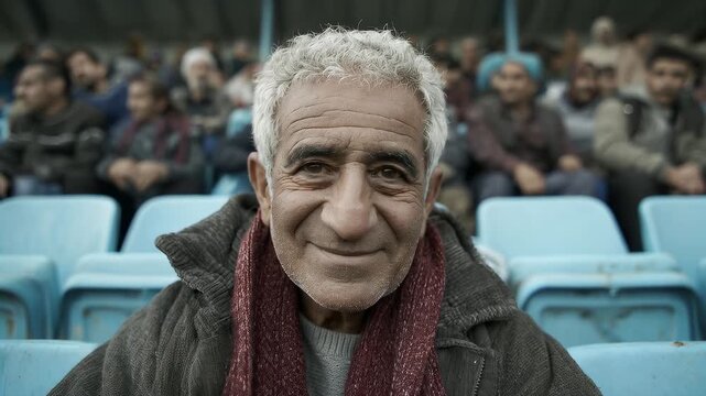 Passionate senior football fan intently watching a match. Elderly man with determined expression in stadium stands. Focused support, aging, sport, competition. Intense atmosphere, fan dedication.
