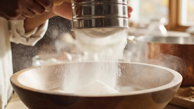 Close-up of a baker sifting flour into a wooden bowl with other ingredients ready for baking