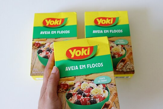 Salvador, Brazil - March 20, 2026: Packaging of Yoki brand Aveia em Flocos (rolled oats). Brazilian Yoki logo.