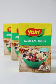 Salvador, Brazil - March 20, 2026: Packaging of Yoki brand Aveia em Flocos (rolled oats). Brazilian Yoki logo.