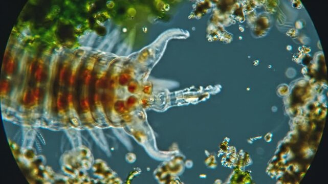 Microscopic view of a rotifer in its aquatic environment reveals intricate details of its anatomy and behavior