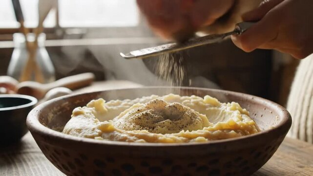 Grated nutmeg seasoning adds aroma and flavor to warm creamy mashed potatoes in rustic kitchen bowl