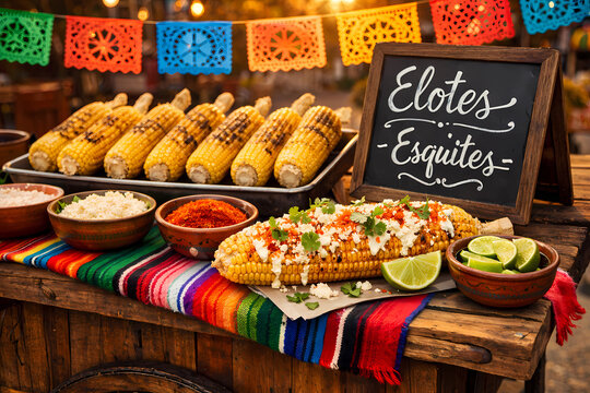 Vibrant elotes street cart with prepared corn, cotija cheese, chili powder, and crema. Papel picado, rustic cart. Authentic Mexican street food stock photography.