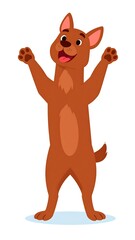 Animated brown dog with joyful expression, arms raised. Standing pose