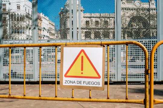 Danger sign for fireworks zone in Valencia during mascleta event