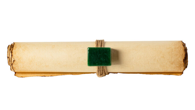 Isolated antique rolled parchment document tied with rustic twine and a green jade seal