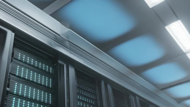 Server racks glow in a modern data center, highlighting cloud computing, digital storage and network infrastructure that powers secure, scalable business and information systems