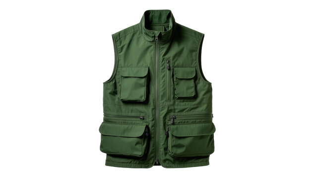 Isolated green utility vest with many functional pockets and full zipper for outdoor adventures