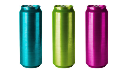Isolated set of three tall vibrant colorful aluminum beverage cans standing upright © Mia