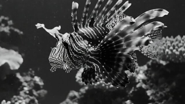 Black and white portrait of a vibrant lionfish swimming gracefully in a marine habitat with coral reefs