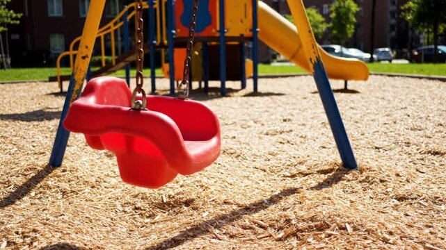 Empty red swing swaying gently on a playground with a bright slide and bark ground in bright daylight