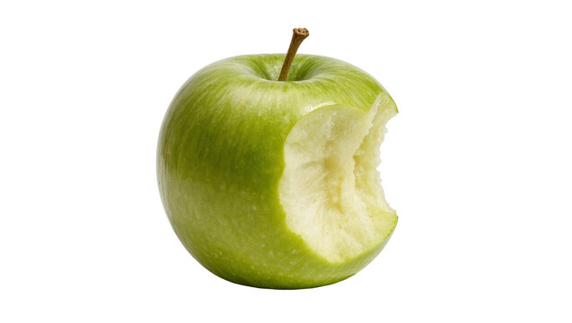 Isolated vibrant fresh green apple with one bite mark revealing crisp white flesh