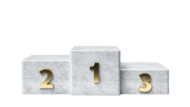 Isolated marble winners podium with golden number one two and three on separate platforms