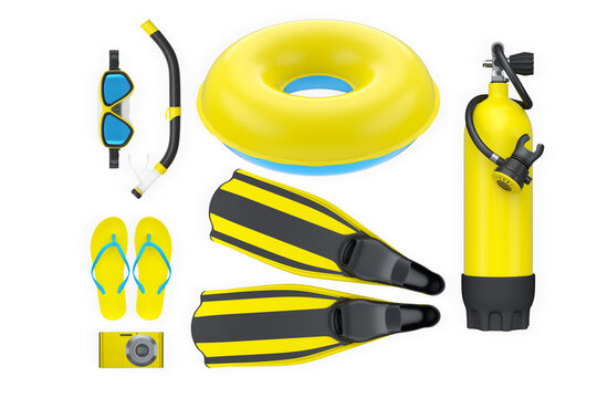 Scuba diving and beach gear set with flippers, snorkel, air tank, flip-flops, and float ring isolated on white background