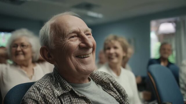 Joyful senior man celebrating. Excited elderly people enjoying a fun activity together. Active aging, happy lifestyle, positive emotions. Group of older adults. Bingo game.