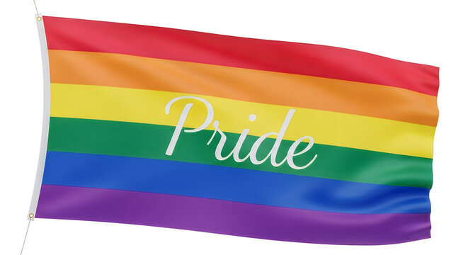 Rainbow flag waving with the word pride written on it in cursive