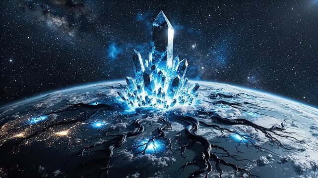 Glowing Blue Crystal Clusters Emerge from Earth's with Network of Roots Under Starry Cosmos
