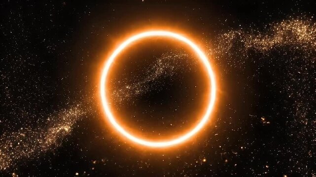 Glowing Orange Ring with Particle Swirls in Starry Space - Abstract Cosmic Event Visualization