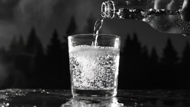 Black and white slow motion of sparkling water being poured into a short glass with forest background