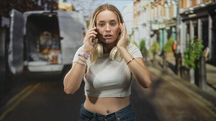 Fototapeta premium Blonde woman with headphones holds a smartphone to her ear and presses her hand to her temple in front of a delivery van on street, white crop top visible, jeans; anxiety urgency.