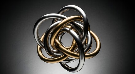 Naklejka premium Intertwined metallic torus knot, complex abstract geometric sculpture, 3D render