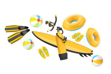 Colorful summer travel and beach items including suitcase, fins, surfboard, snorkel, and float isolated on white background © Vasyl Onyskiv