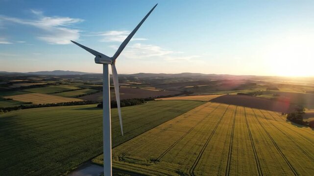 Aerial view of a wind turbine spinning in a field with agricultural land and rolling hills at sunset