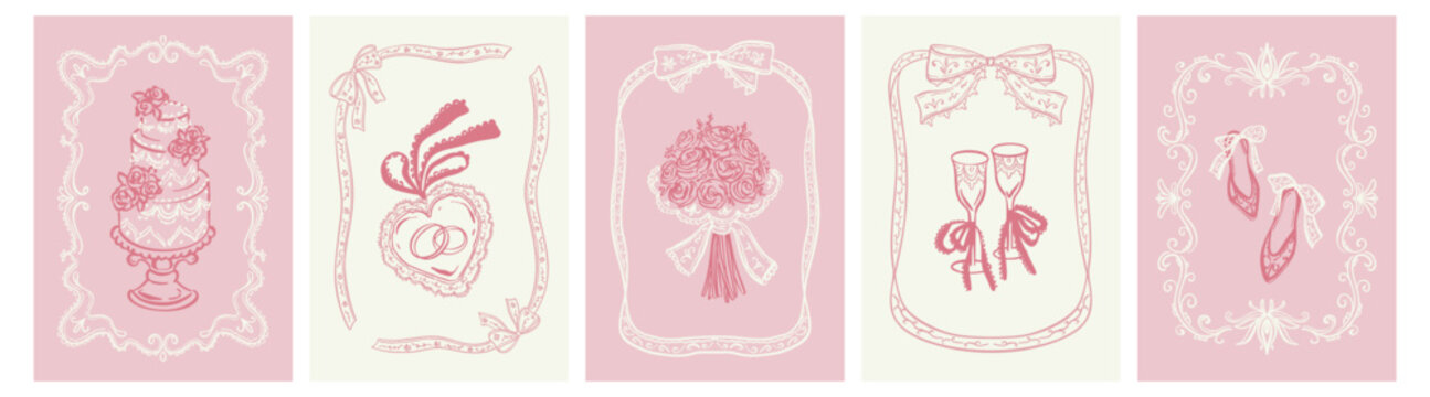 Hand drawn doodle sketch outline victorian baroque style wedding invitations design. Pink coquette girly whimsical frames with cocktail, champagne glass, wedding cake, lace rococo renaissance boarder