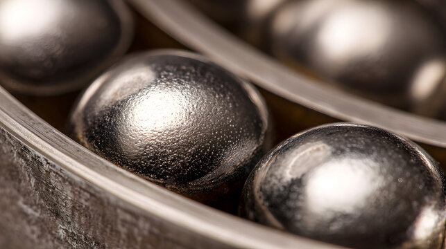 Close-up of steel ball bearings in precision mechanical machinery, showcasing smooth surface and detail