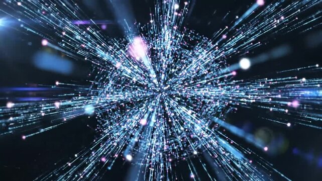 Abstract digital data explosion background with blue and pink light particles expanding from the center of darkness.