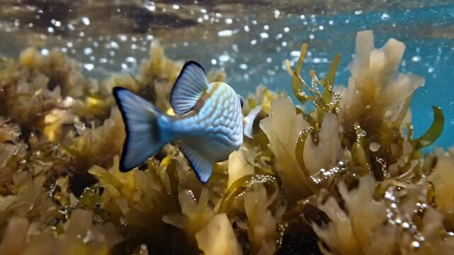 Underwater view of a small blue and white reef fish swimming near golden brown seaweed in the ocean