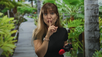 Fototapeta premium Woman holding a game controller and finger to lips for silence in forest; playful gentle secrecy hush.