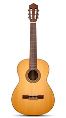 Fototapeta premium Acoustic guitar, wooden body and neck, against a stark white backdrop