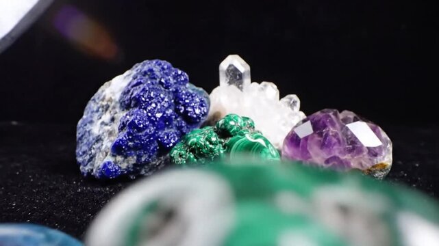 Mesmerizing close-up shot of various colorful semi-precious gemstones on a black surface background