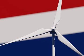 Wind turbine on a background of blurred flag of Netherlands. Wind power concept, selective focus © Hairem