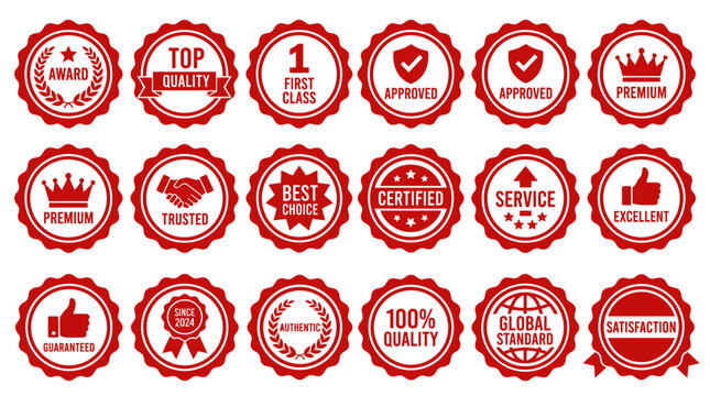 Collection of red quality assurance badges showcasing premium, certified, and trusted services