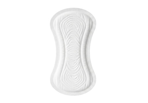A white disposable sanitary pantyliner with a wavy embossed texture and hourglass shape on a transparent background, hygiene and personal care concept