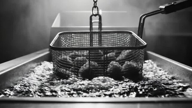Black and white close up of food being lowered into hot oil for deep frying in a restaurant setting