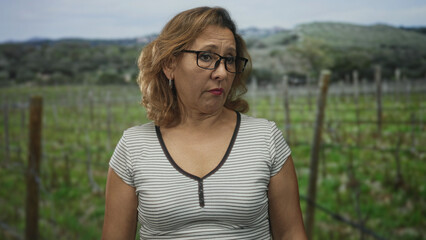 Naklejka premium Middle aged woman wearing glasses looks to the side in a forest vineyard among green rows and hills; quiet reflection concern.