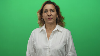 Hispanic middle aged woman in white shirt quietly stands upright and gazes forward in studio  confidence. © Krakenimages.com
