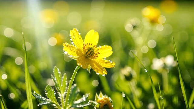 Morning dew glistens on vibrant yellow buttercup flower in a sunlit green meadow with bokeh background