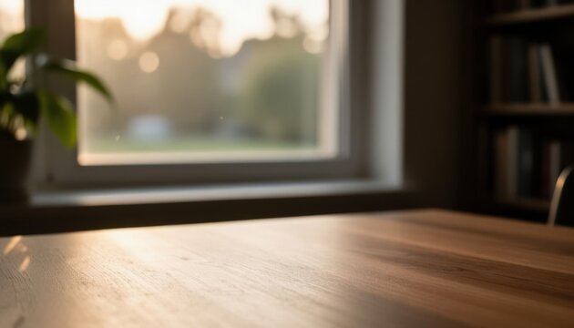 Cozy home office desk with warm sunlight and blurred garden view in background