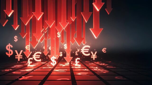 Red arrows falling with currency signs over glowing grid. Financial market crash and economic crisis concept. Global inflation and money devaluation visualization.