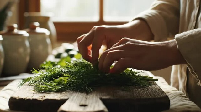 Close up shot of person carefully sorting and arranging fresh dill herb on rustic wooden cutting board in kitchen